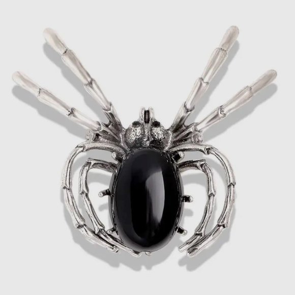 Spider Brooch Black Onyx Stone Pin Silver Halloween Goth Stylish Glam Bug Web - Picture 1 of 1